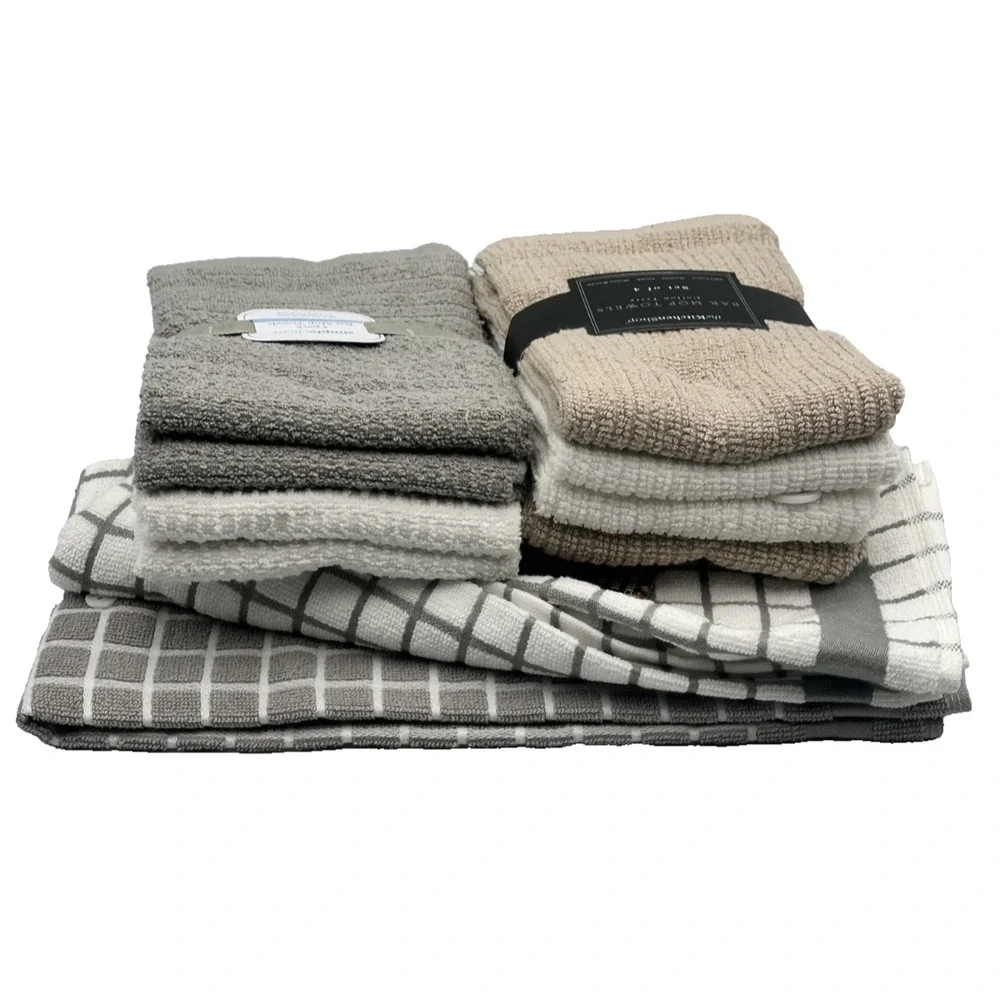 10 Pc Towel Bundle- 8 Cotton Bar Mop Towels 16x19 & 2 Kitchen Dish Towels 18x28
